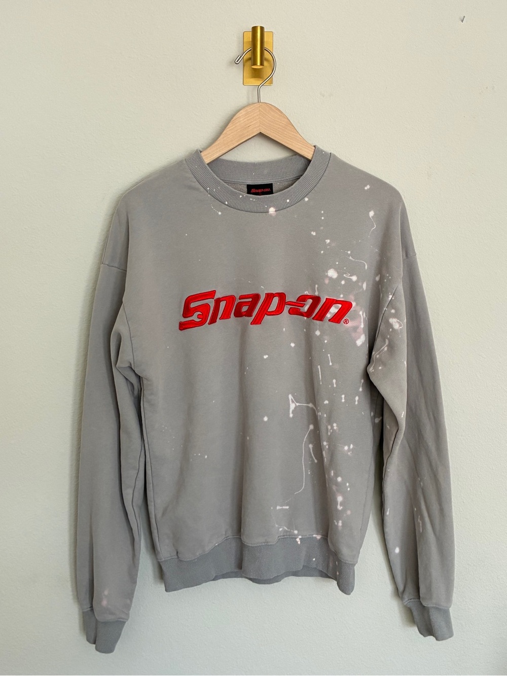 Snap-On Custom Gray Crewneck Sweatshirt with Red Raised Logo and Bleach